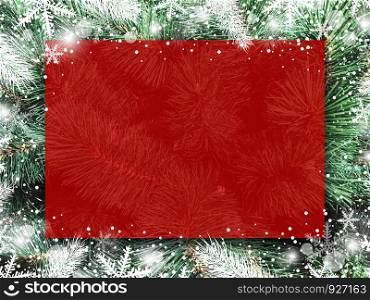 Christmas background design of blank red board on xmas tree with snow and snowflake