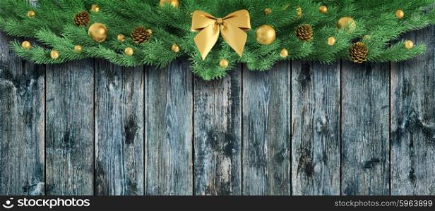 Christmas background, fir branch ornament over wooden planks, golden bow, baubles, pine cones 3d rendering