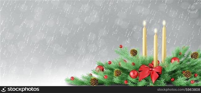 Christmas background,fir tree branch decoration with three candles 3d rendering