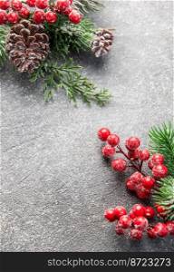 Christmas Background. Fir Tree Decorations  On Black Concrete With Copy Space. Christmas or New Year festive card