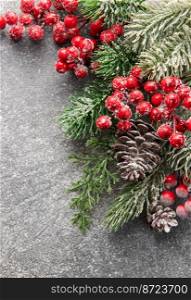 Christmas Background. Fir Tree Decorations  On Black Concrete With Copy Space. Christmas or New Year festive card