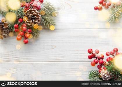 Christmas Background. Fir Tree Decorations  On White Wooden Background  With Copy Space. Christmas or New Year festive card
