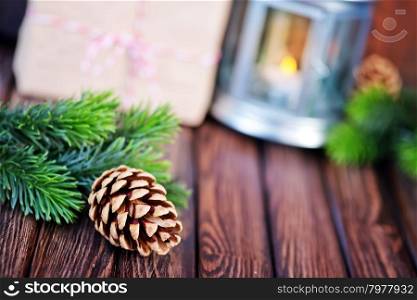 christmas background from green branch on a table
