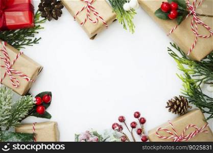 Christmas background, mock up with gift boxes and winter decoration., on white background. Winter holidays