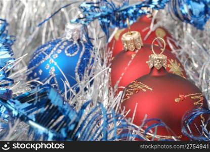 Christmas background. New Year&rsquo;s toys and ornaments bright and glow