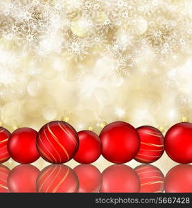 Christmas background of baubles on falling snowflakes