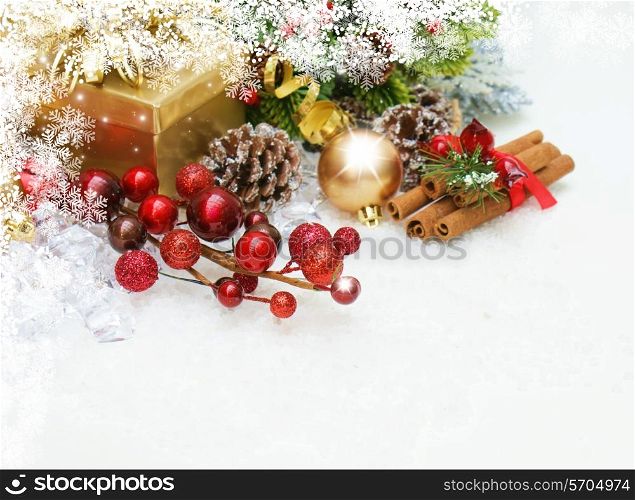 Christmas background of decorations with a snowflake border