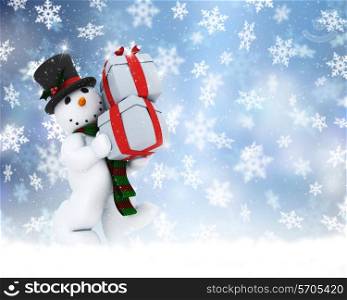 Christmas background of snowman carrying gifts