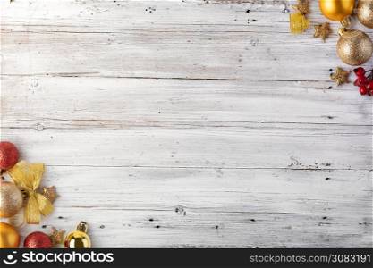 Christmas background on the white wooden desk. Copy space. Winter holidays, New Year.. Christmas composition.