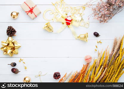 Christmas background, ornaments gift boxes art object isolated on white wooden background, Composition for card