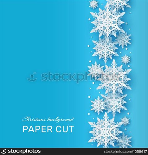 Christmas background. Papercut 3d white snowflake shapes on blue backdrop, winter holiday card. Xmas frozen pattern vector frames decor papercraft concept. Christmas background. Papercut 3d white snowflake shapes on blue backdrop, winter holiday card. Xmas frozen pattern vector concept