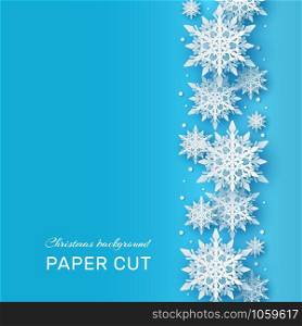 Christmas background. Papercut 3d white snowflake shapes on blue backdrop, winter holiday card. Xmas frozen pattern vector frames decor papercraft concept. Christmas background. Papercut 3d white snowflake shapes on blue backdrop, winter holiday card. Xmas frozen pattern vector concept