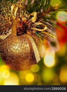 Christmas background with baubles and beauty bokeh