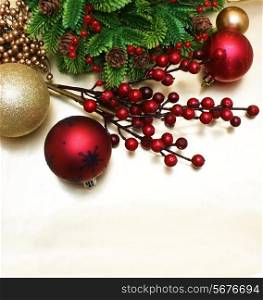 Christmas background with berries and baubles