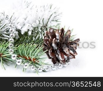 Christmas background with blue ball and pine branch