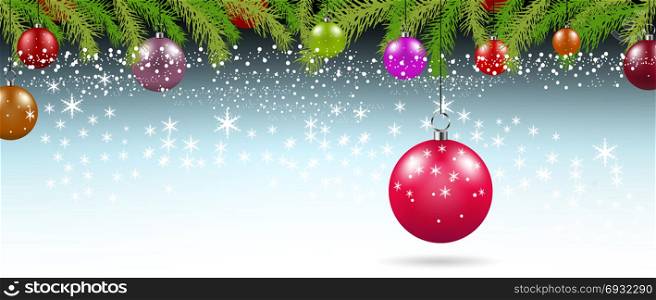 Christmas background with branches and balls with decorations illustration