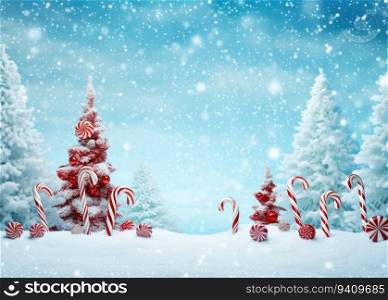 Christmas background with candy canes and fir trees in snowdrift