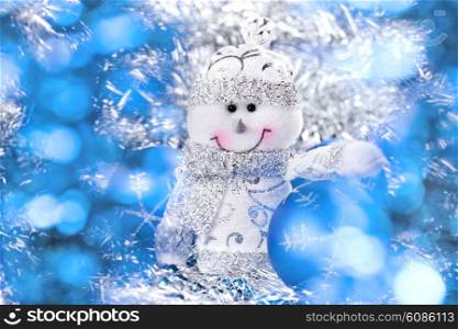 Christmas background with cheerful snowman and balls