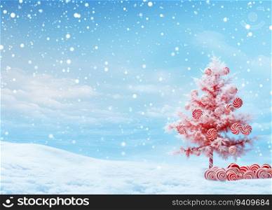 Christmas background with christmas tree and candy canes in the snow