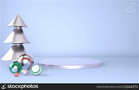 Christmas background with Christmas tree and stage for product display. 3d.. Christmas background with Christmas tree and stage for product display. 3d rendering.