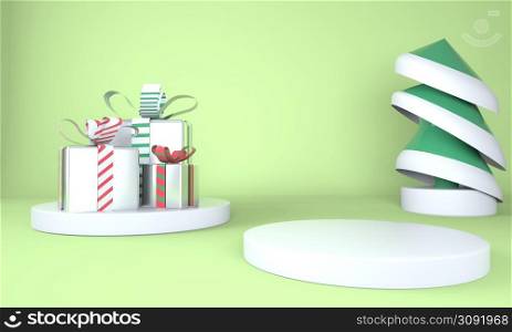 Christmas background with Christmas tree and stage for product display. 3d.. Christmas background with Christmas tree and stage for product display. 3d rendering.