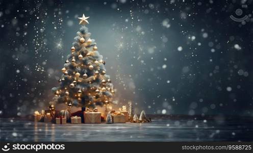 Christmas Background with Christmas Tree decorated with balls, banner format, copy space.