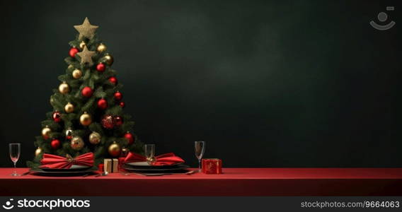 Christmas background with Christmas tree decoration and Christmas gifts on a wooden table. greeting card or banner design.
