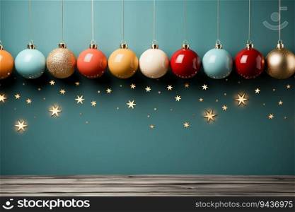 Christmas background with colorful baubles hanging in a row and stars, generative ai.