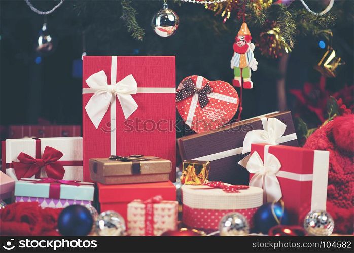 Christmas background with decorations and gift boxes