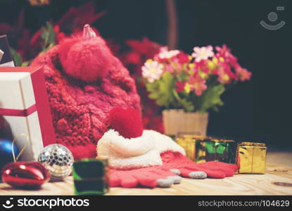 Christmas background with decorations and gift boxes