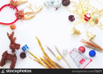Christmas background with decorations and shopping cart on white background
