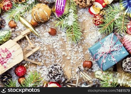 Christmas background with fir and decor.Christmas flat lay background. Christmas background concept