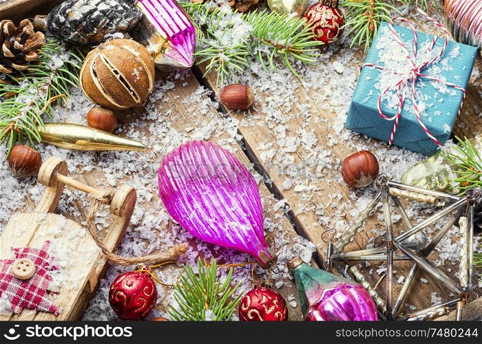 Christmas background with fir and decor.New year concept. Christmas holidays composition