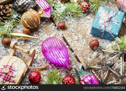 Christmas background with fir and decor.New year concept. Christmas holidays composition
