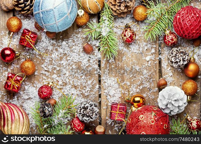 Christmas background with fir and decor.New year concept.Flat lay. Christmas background concept