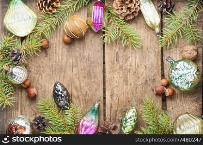 Christmas background with fir and decor.Winter composition on wooden background. Christmas background concept