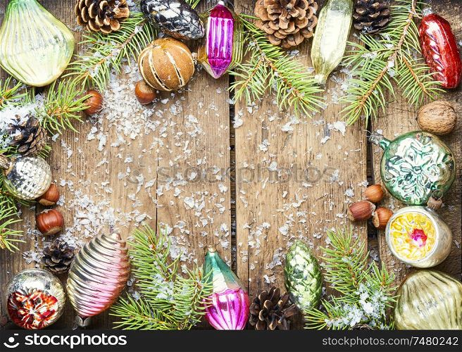 Christmas background with fir and decor.Xmas composition. Christmas background concept