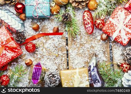 Christmas background with fir and decor.Xmas composition. Christmas holidays composition
