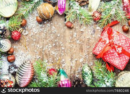 Christmas background with fir and decor.Xmas composition.Flat lay. Christmas holidays composition
