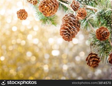 Christmas background with fir branches,pinecones and berries on the old wooden board in vintage style