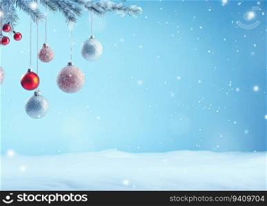 Christmas background with fir branches, red balls and snow on blue background