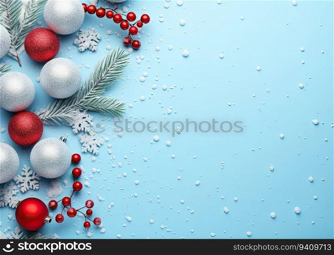 Christmas background with fir branches, red balls and snowflakes on blue