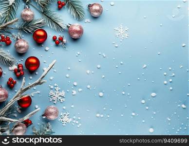 Christmas background with fir branches, red balls and snowflakes on blue background