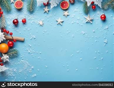 Christmas background with fir branches, red berries and snowflakes on blue