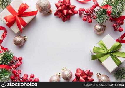Christmas background with fir tree and decor on white background. Top view with copy space
