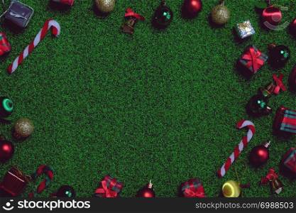 Christmas background with fir tree and decor. Top view Flat lay with copy space