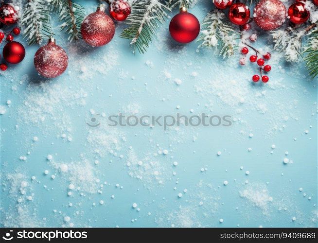 Christmas background with fir tree branches, red balls and snow on blue