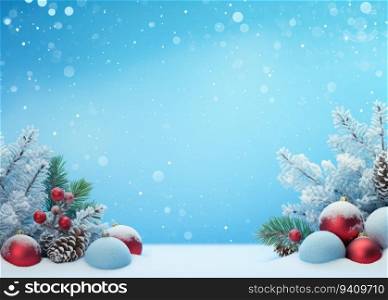 Christmas background with fir tree branches, red balls and snowflakes