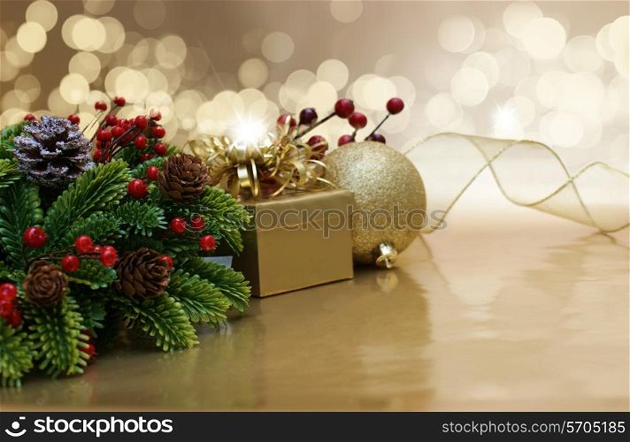 Christmas background with gift and baubles