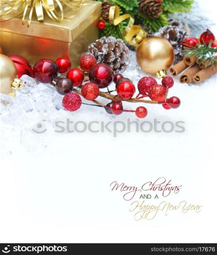 Christmas background with gift, berries and decorations